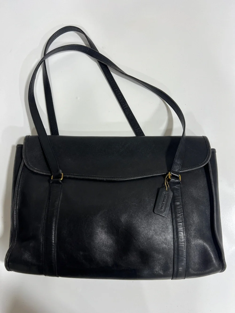Coach Black Envelope Portfolio Leather Shoulder Bag with Gold-Tone Hardware